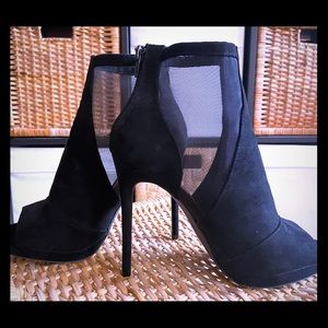 NWOT black peep-toe booties with sheer detail